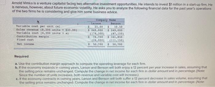  Arnold Vimia is a venture capitalist facing two alternative investment opportunities.