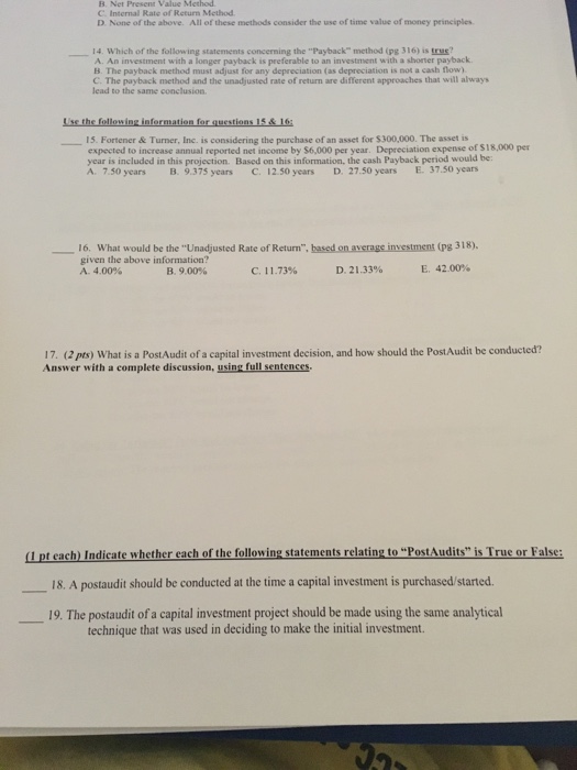  Accounting questions B. Net Present Value Method C. Internal Rate of