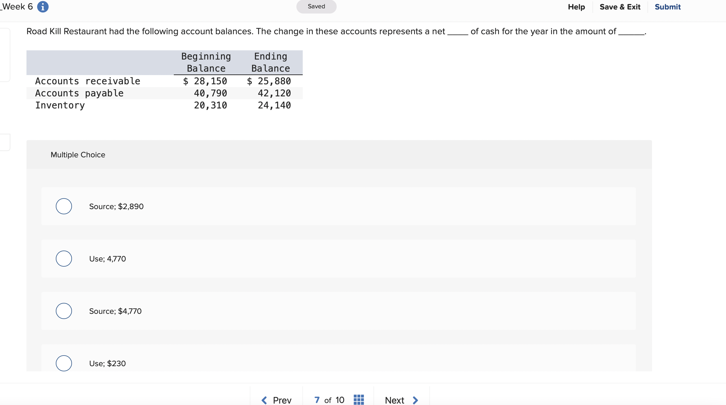  Multiple Choice Source; $2,890 Use; 4,770 Source; $4,770 Use; $230 
