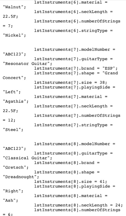 or walnut color acoustic guitar. I wrote the following codes. Please help.