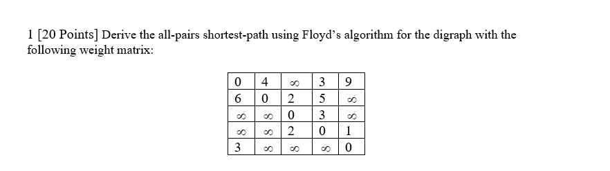  1 [20 Points] Derive the all-pairs shortest-path using Floyd's algorithm for