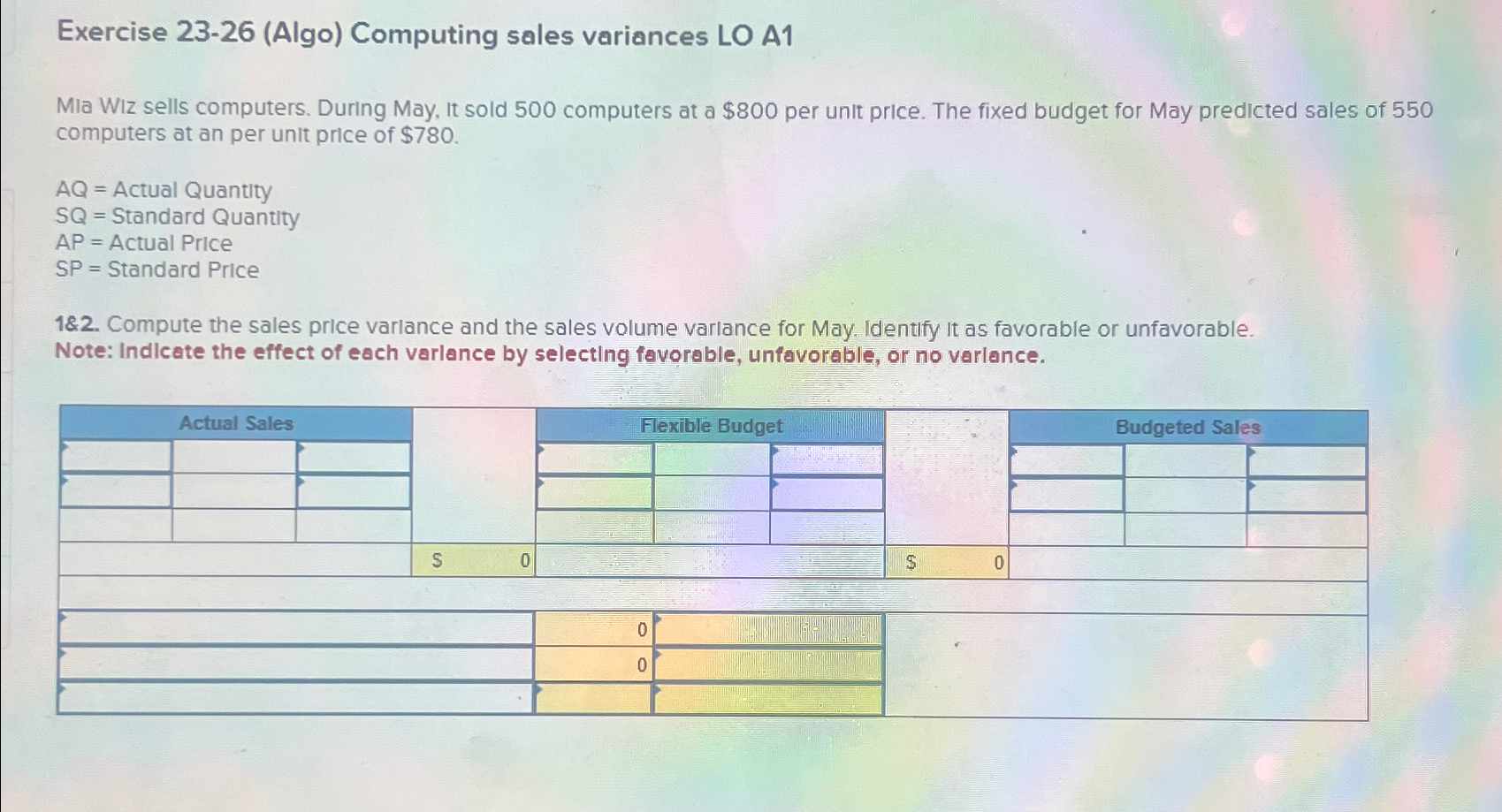  Exercise 23-26(Algo) Computing sales variances LO A1 Mia Wiz sells computers.