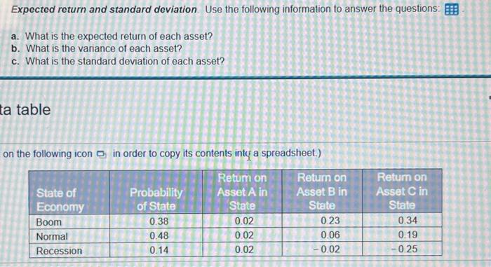  Expected return and standard deviation. Use the following information to answer