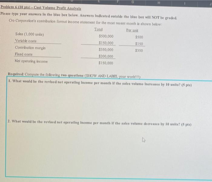  Problem 6. (10 pts) - Cost Volume Profit Analysis Please type