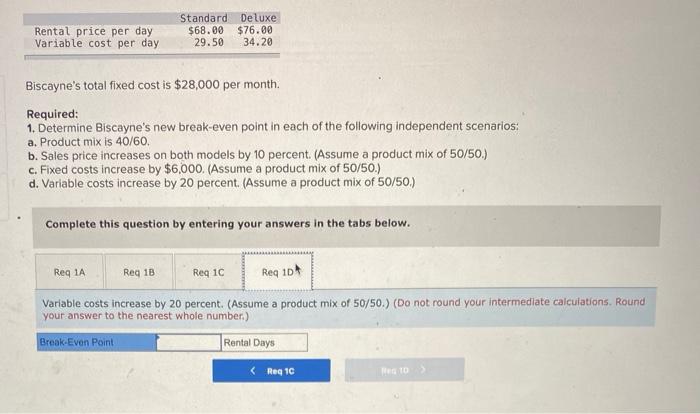 $76.00 29.50 34.20 Biscayne's total fixed cost is $28,000 per month. Required: