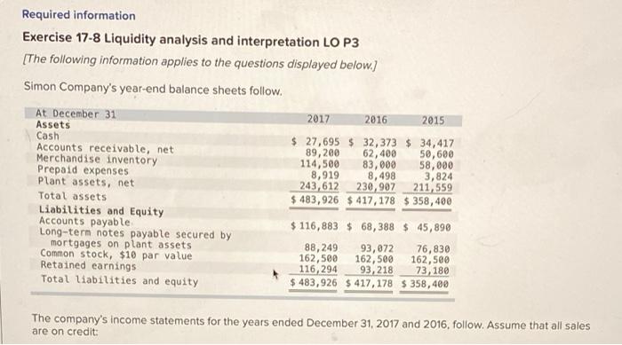  Required information Exercise 17-8 Liquidity analysis and interpretation LO P3 [The