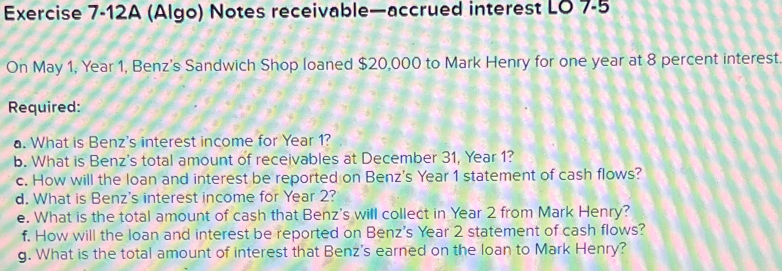  Exercise 7-12A (Algo) Notes receivable-accrued interest LO 7-5 On May 1,