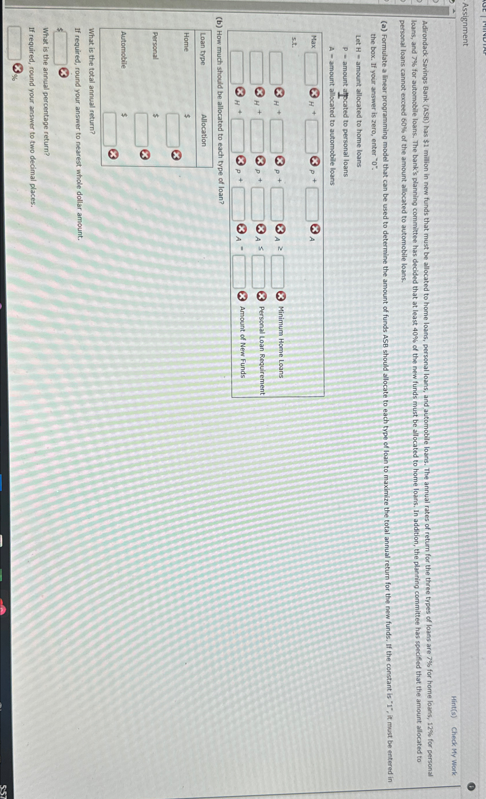  Assignment Hint(s) Check My Work personal loans cannot exceed 60% of