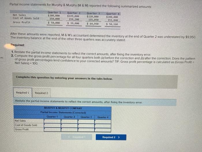  Partial income statements for Murphy & Murphy (M&M) reported the following
