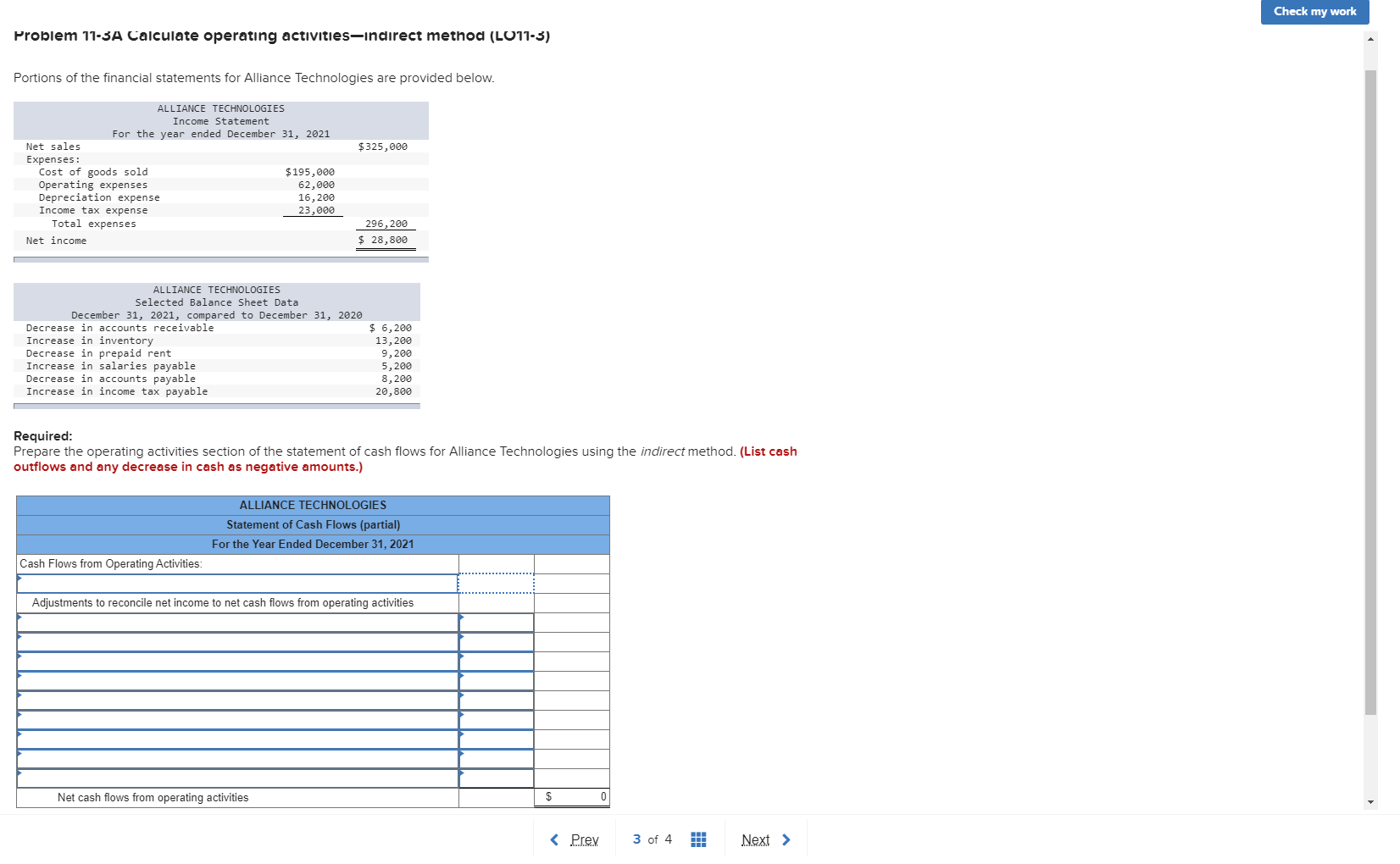  Check my work Problem 11-3A Calculate operating activities-indirect method (L011-3) Portions