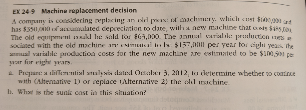 Machine replacement decision EX 24-9 A company is considering replacing an