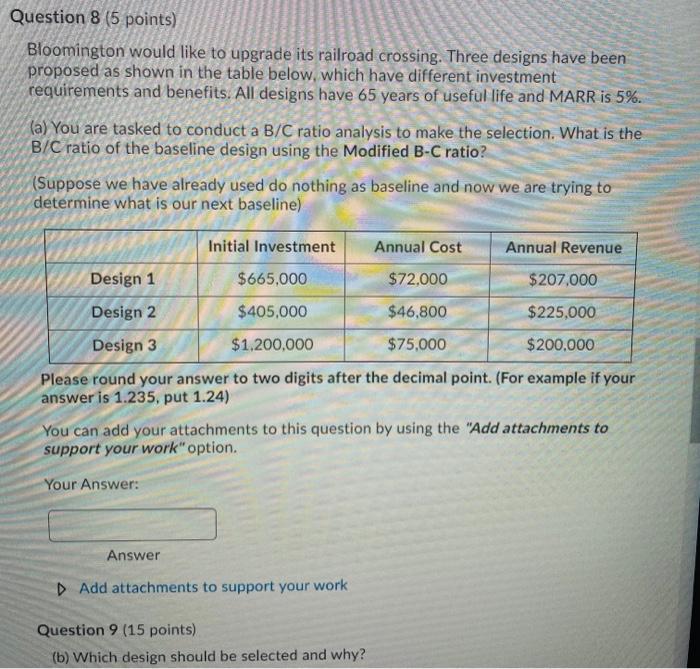  Question 8 (5 points) Bloomington would like to upgrade its railroad