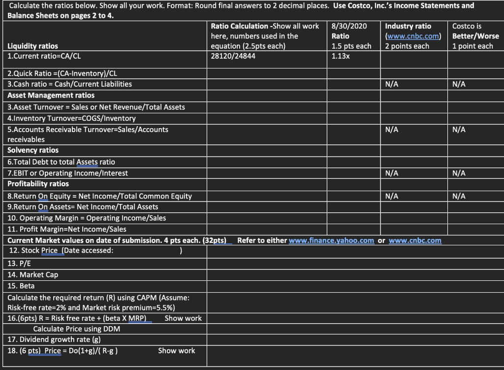 Calculate the ratios below. Show all your work. Format: Round final