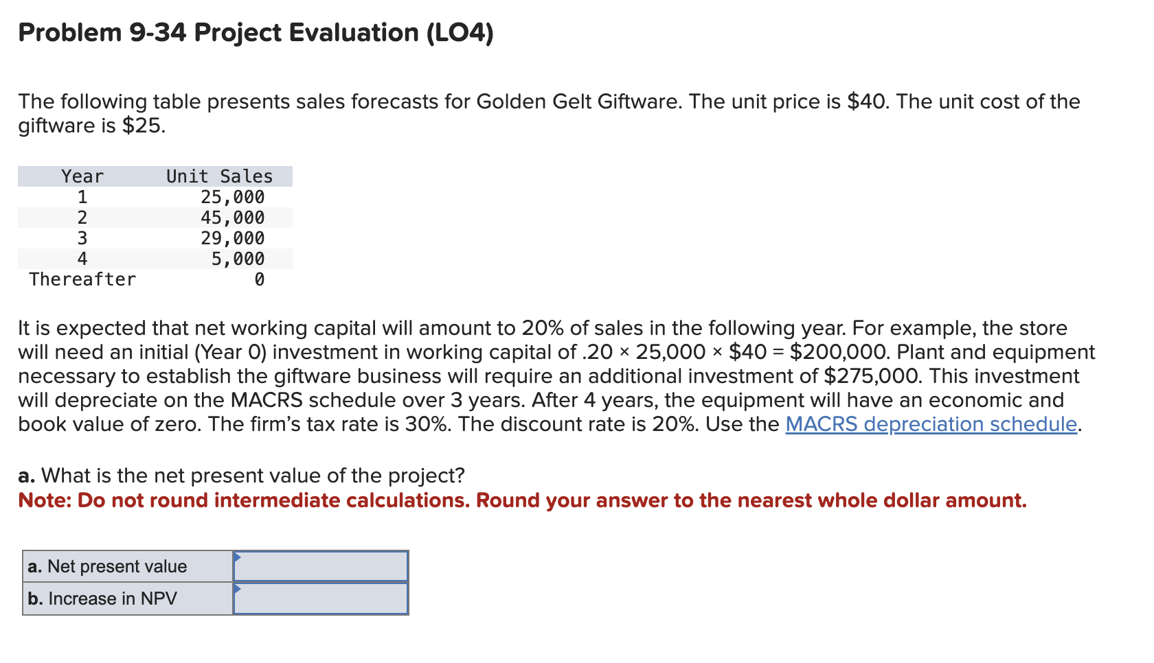  Problem 9-34 Project Evaluation (LO4) The following table presents sales forecasts
