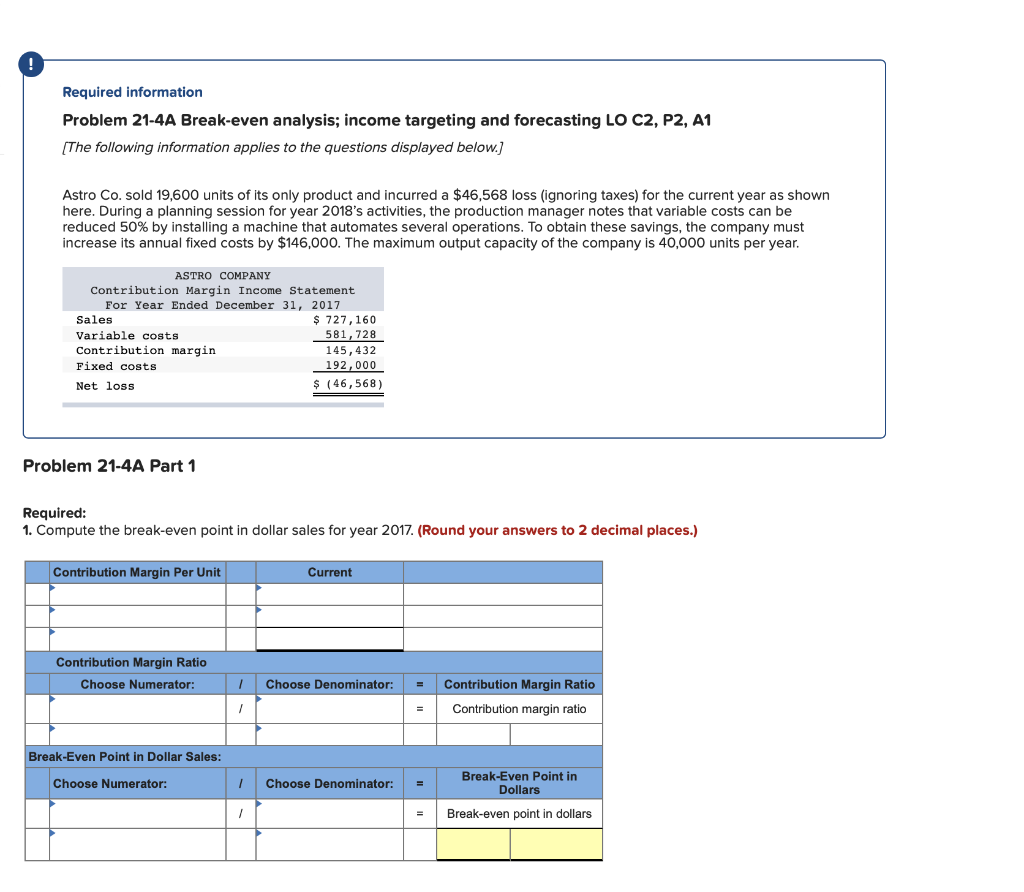 Required information Problem 21-4A Break-even analysis; income targeting and forecasting LO