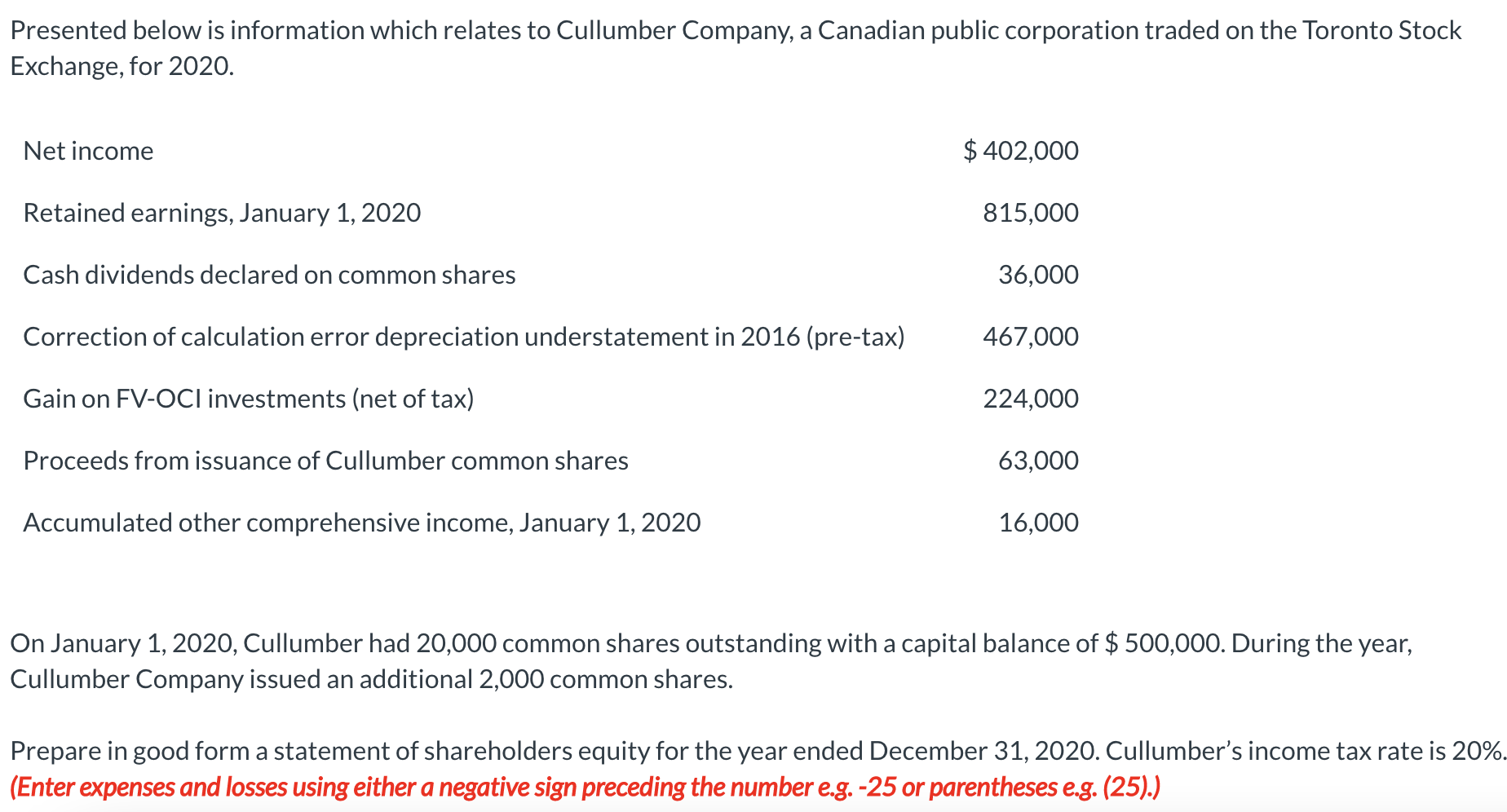  Presented below is information which relates to Cullumber Company, a Canadian