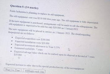 Question 5: (24 marks) Ferris Industries is planning to replace its