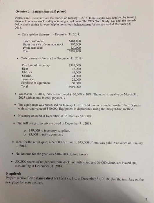  Question 3 - Balance Sheets (22 points) Patriots, Inc. is a