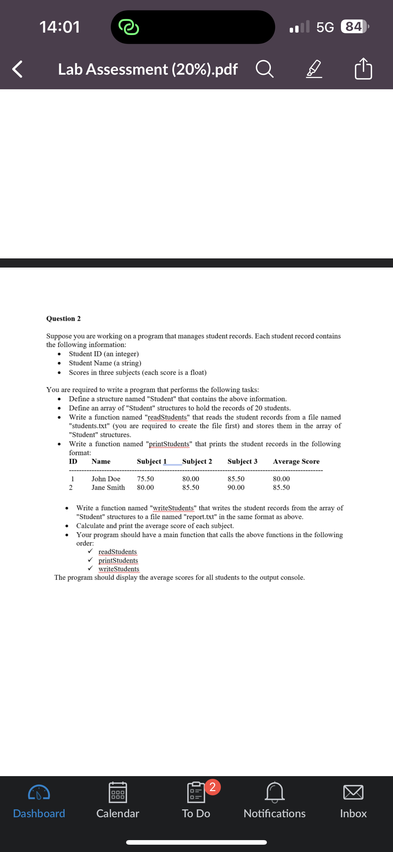  14:01 Lab Assessment (20%).pdf 5G 84 Question 2 Suppose you are