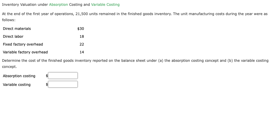  Inventory Valuation under Absorption Costing and Variable Costing At the end