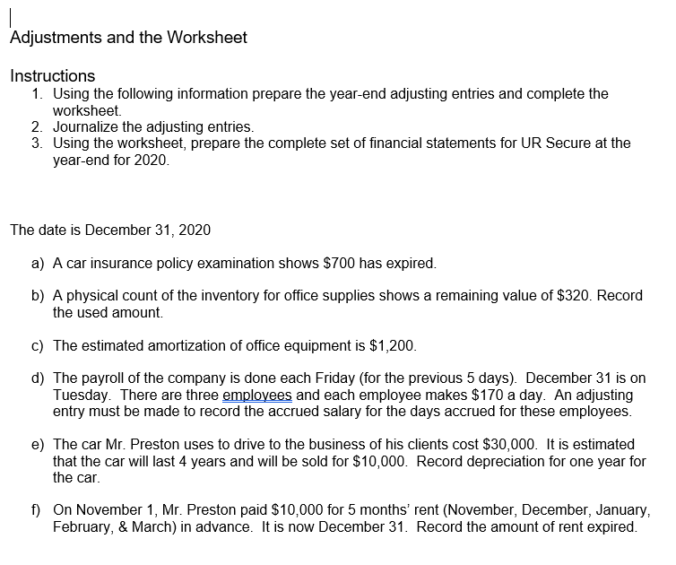  1 Adjustments and the Worksheet Instructions 1. Using the following information