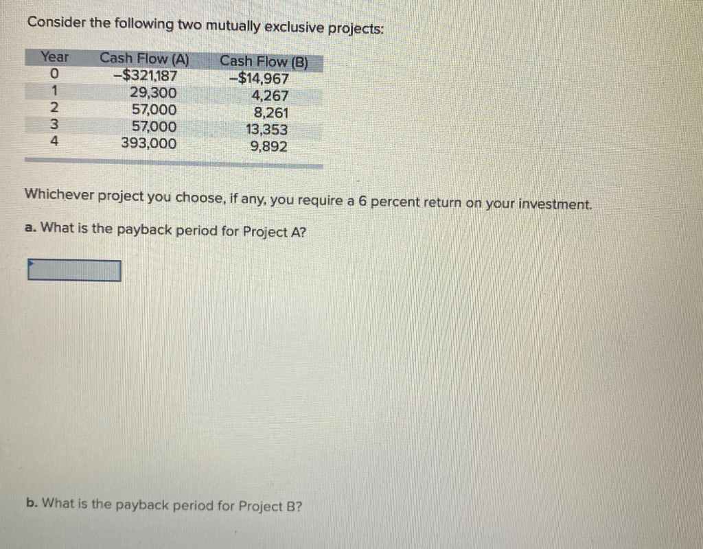 Question 2: Consider the following two mutually exclusive projects: Year 1 2