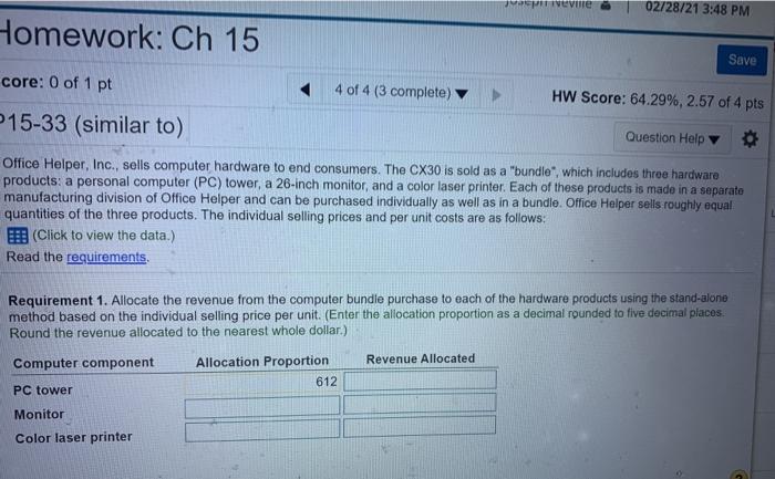  Mevute 02/28/21 3:48 PM Homework: Ch 15 Save core: 0 of