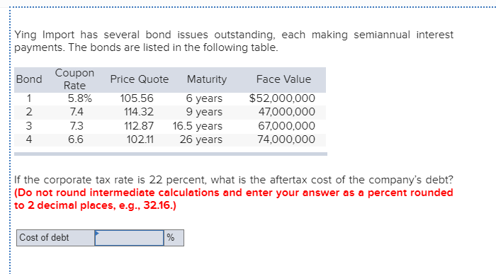 Ying Import has several bond issues outstanding, each making semiannual interest