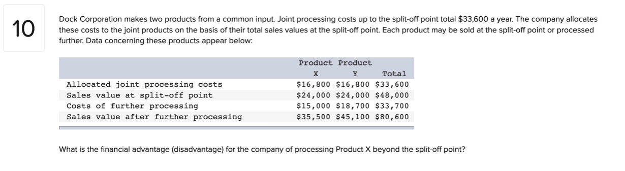  Dock Corporation makes two products from a common input. Joint processing