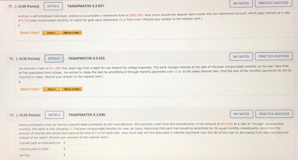  MY NOTES DETAILS PRACTICE ANOTHER 11. [-10.05 Points] TANAPMATH5 4.3.031. Andrea,