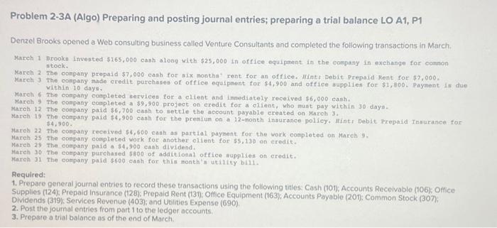  Problem 2-3A (Algo) Preparing and posting journal entries; preparing a trial