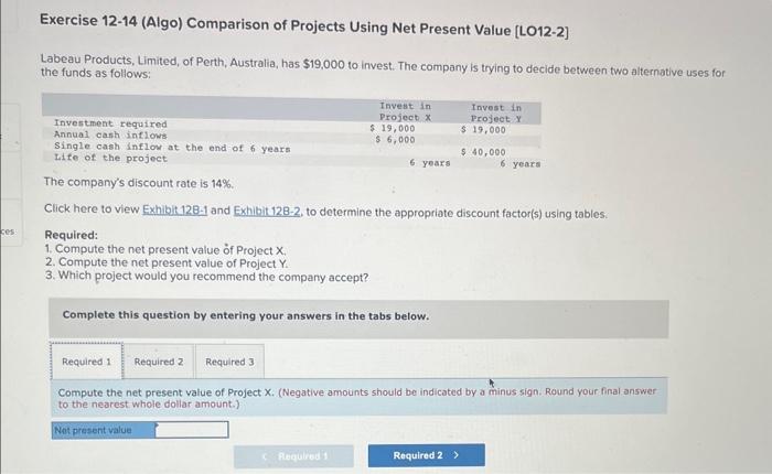  Exercise 12-14 (Algo) Comparison of Projects Using Net Present Value [LO12-2]