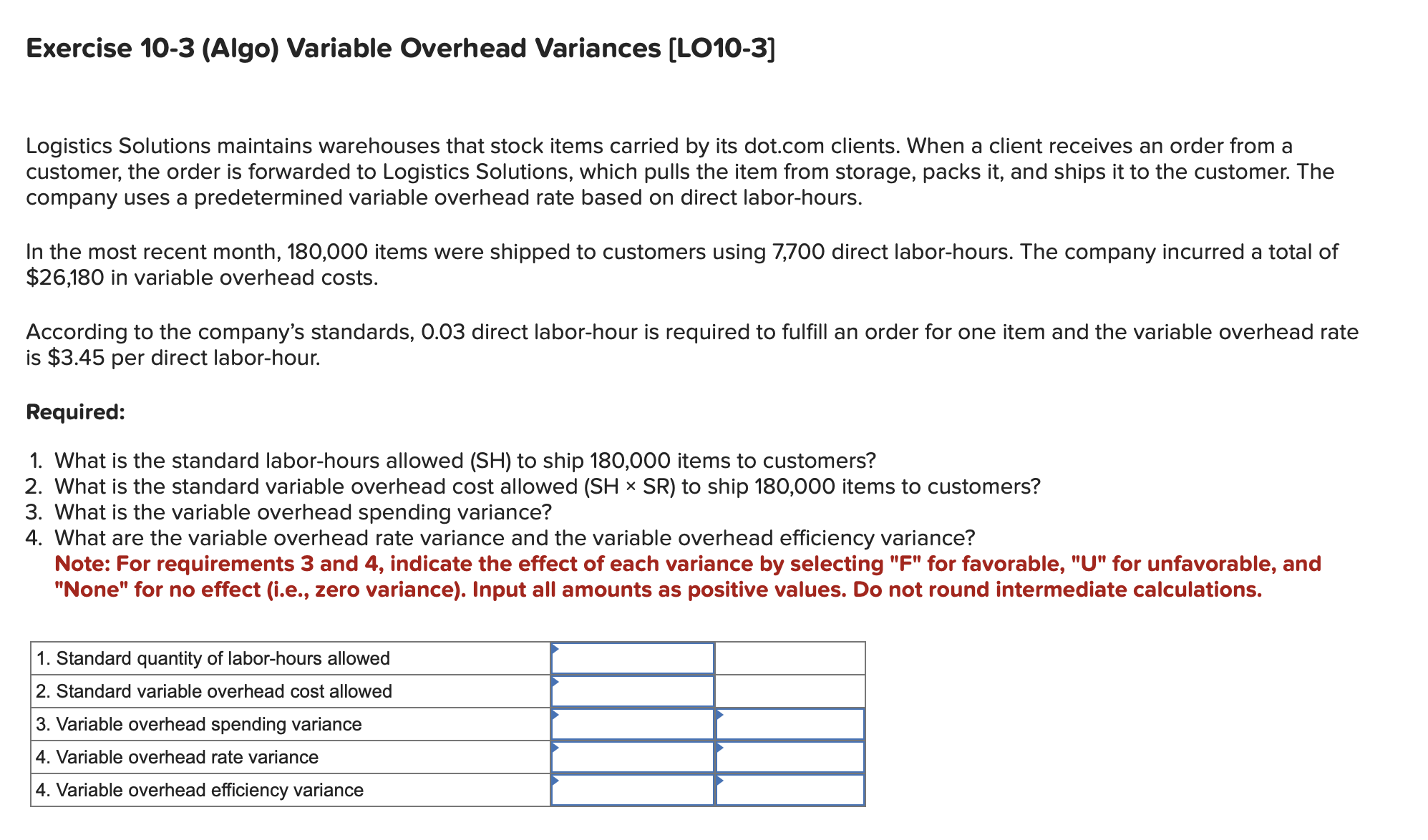  Exercise 10-3(Algo) Variable Overhead Variances [L010-3] Logistics Solutions maintains warehouses that