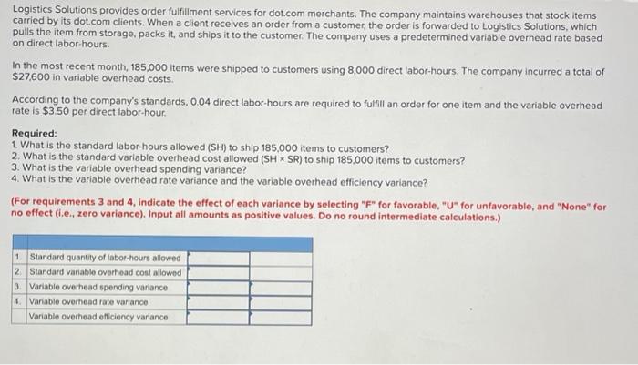  Logistics Solutions provides order fulfillment services for dot.com merchants. The company