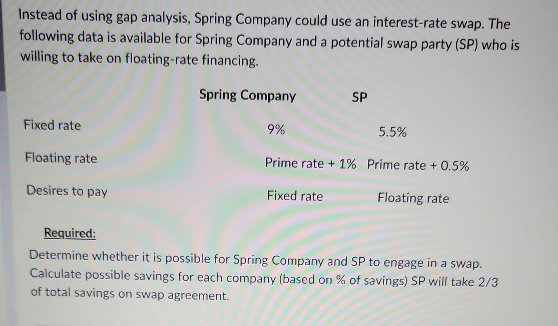  Instead of using gap analysis, Spring Company could use an interest-rate