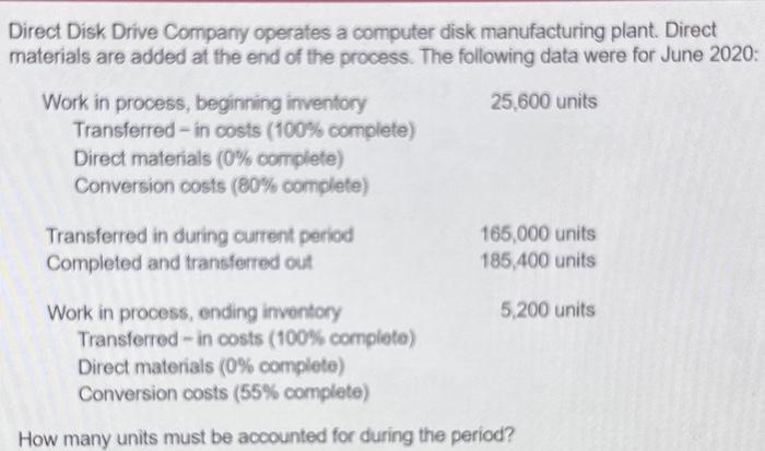 materials are addod at the end of the process. The following data