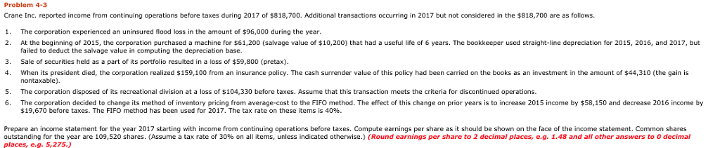  Problem 4-3 Crane Inc. reported income from continuing operations before taxes