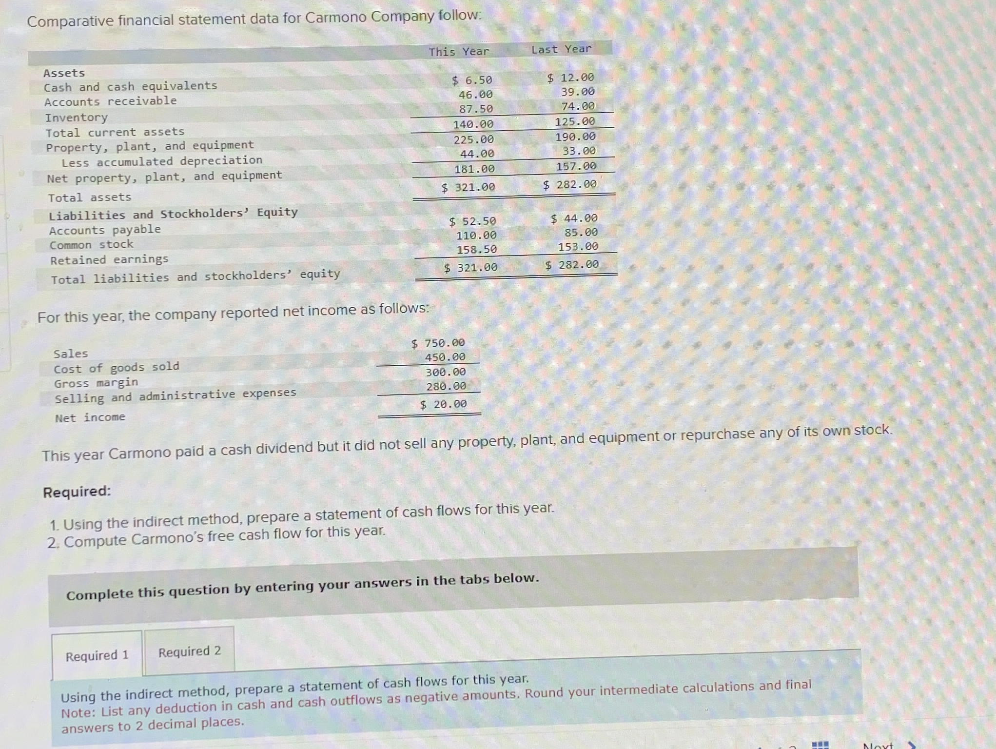  Comparative financial statement data for Carmono Company follow: \table[[Assets,This Year,Last Year],[Cash