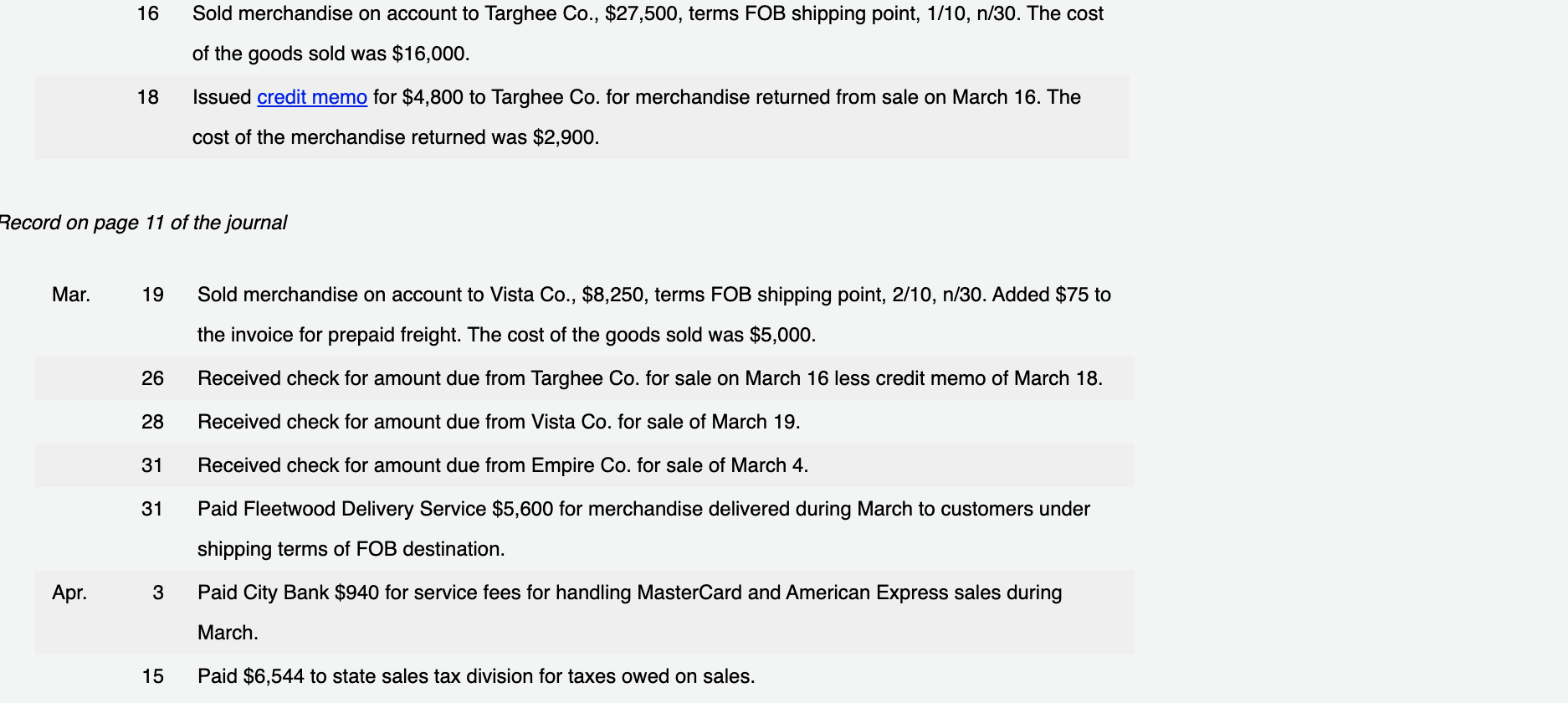 1 12 Mar. 3 Cash 12,031.00 1 13 Sales Tax Payable 11,350.00