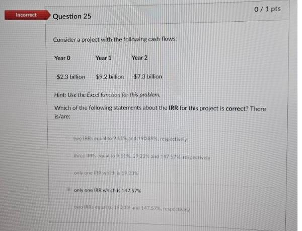  Incorrect Question 25 01 pts Consider a project with the following