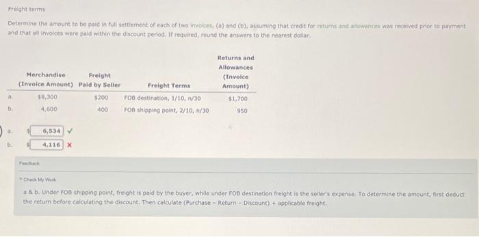  PLEASE HELP ASAPP!!!!!! Freight terms Determine the amount to be paid