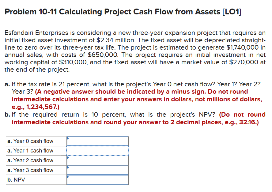  Problem 10-11 Calculating Project Cash Flow from Assets [LO1] Esfandairi Enterprises