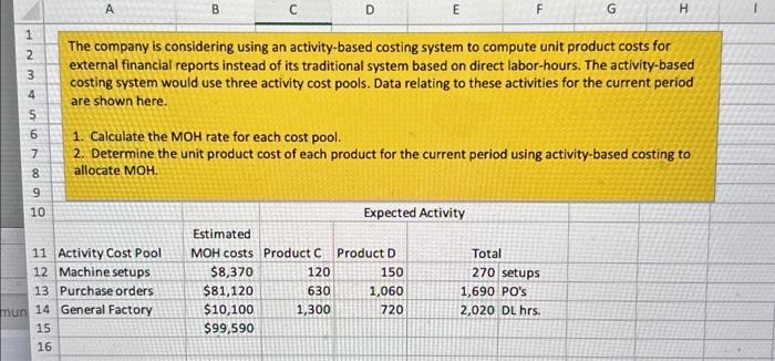  The company is considering using an activity-based costing system to compute