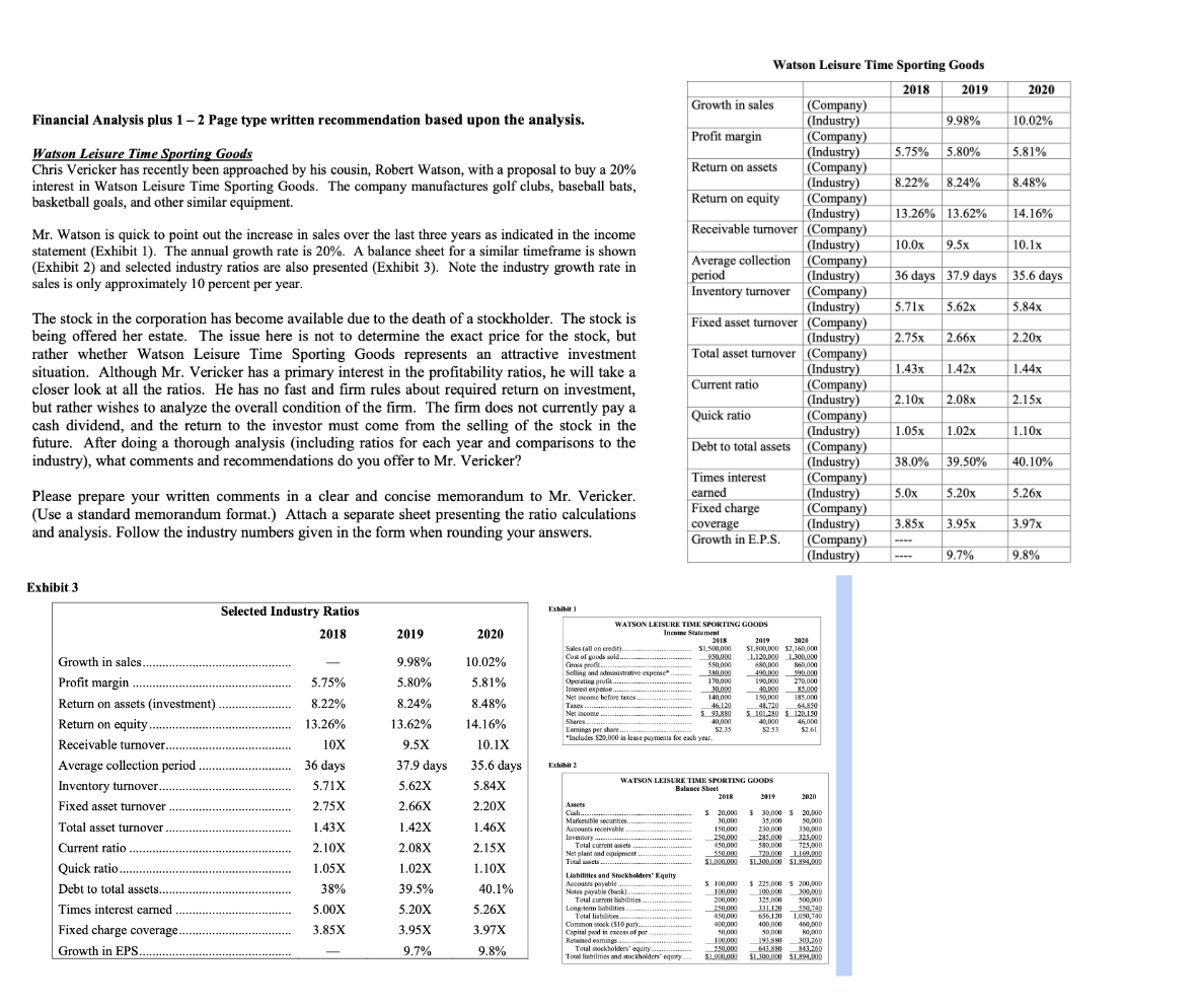 Watson Leisure Time Sporting Goods Financial Analysis plus 1 2 Page type
