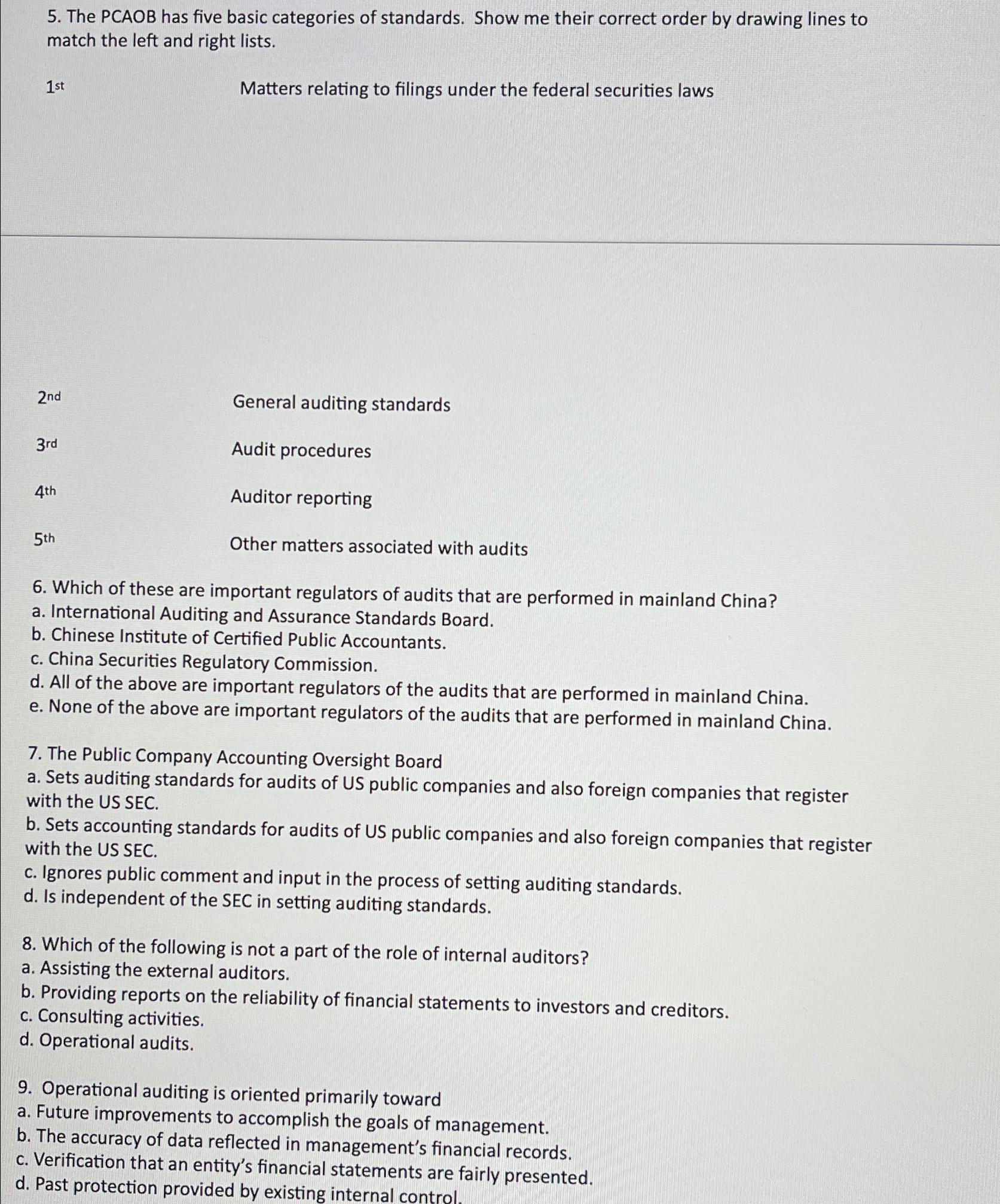  The PCAOB has five basic categories of standards. Show me their
