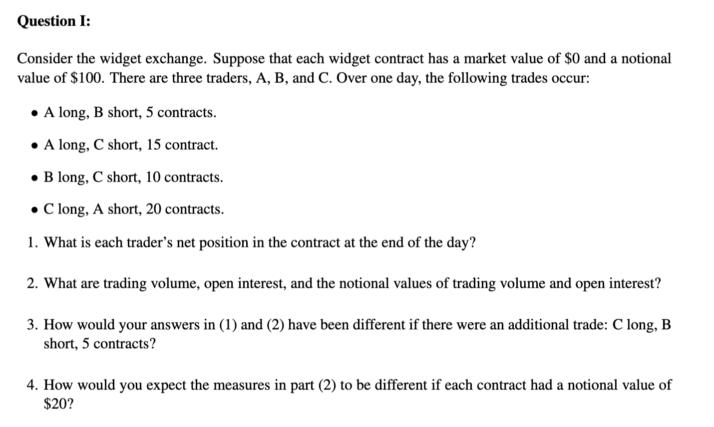  Question 1: Consider the widget exchange. Suppose that each widget contract