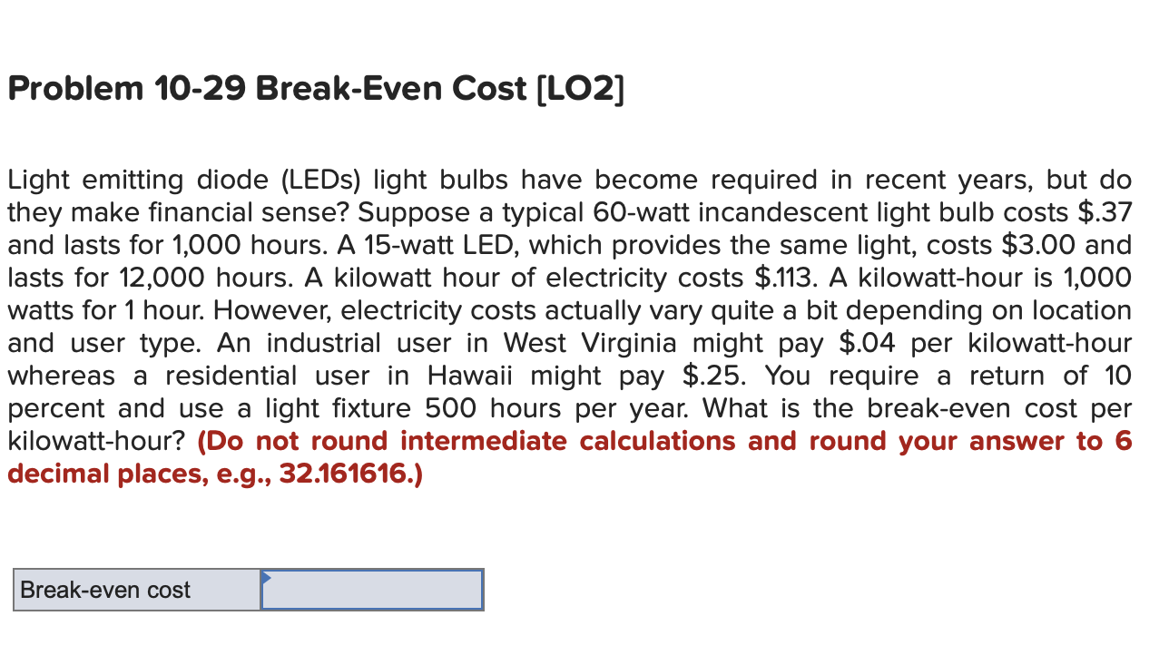  Problem 10-29 Break-Even Cost OO2] Light emitting diode (LEDs) light bulbs