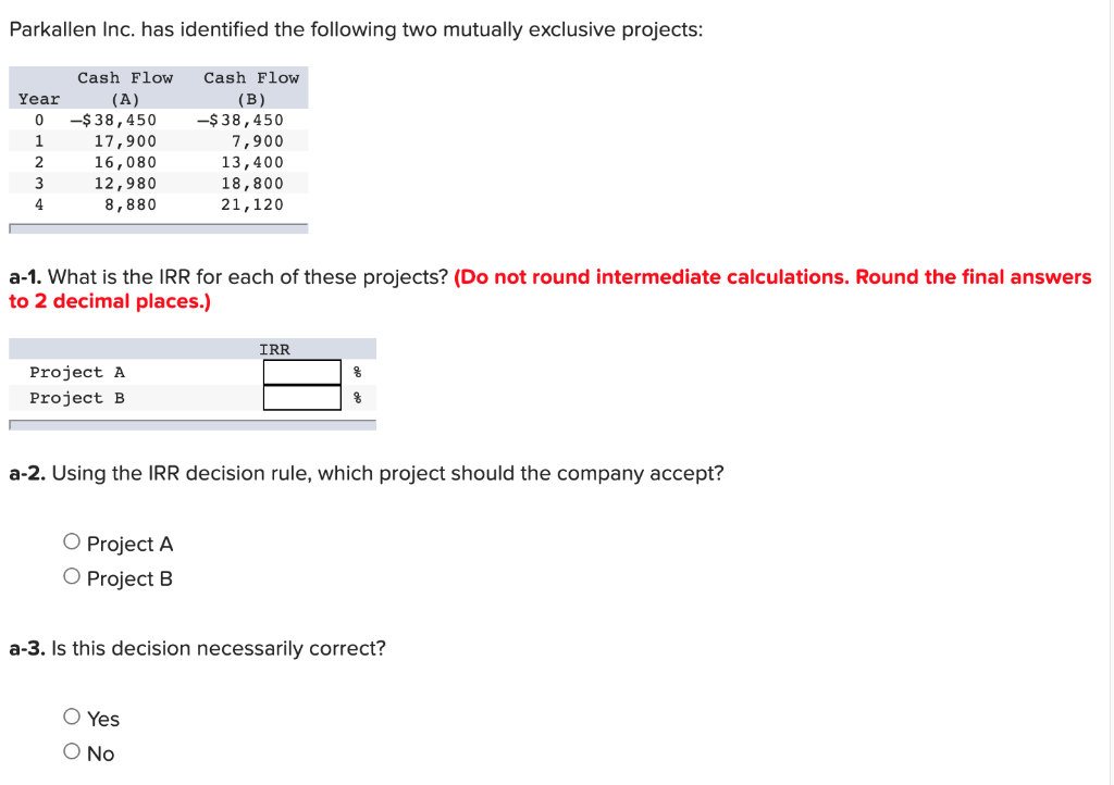  Parkallen Inc. has identified the following two mutually exclusive projects: Year