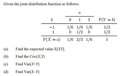  Given the joint distribution function as follows: (a) (b) (c) (d)