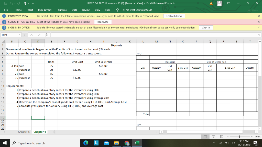  BMCC Fall 2020 Homework #3 (1) (Protected View] - Excel (Unlicensed